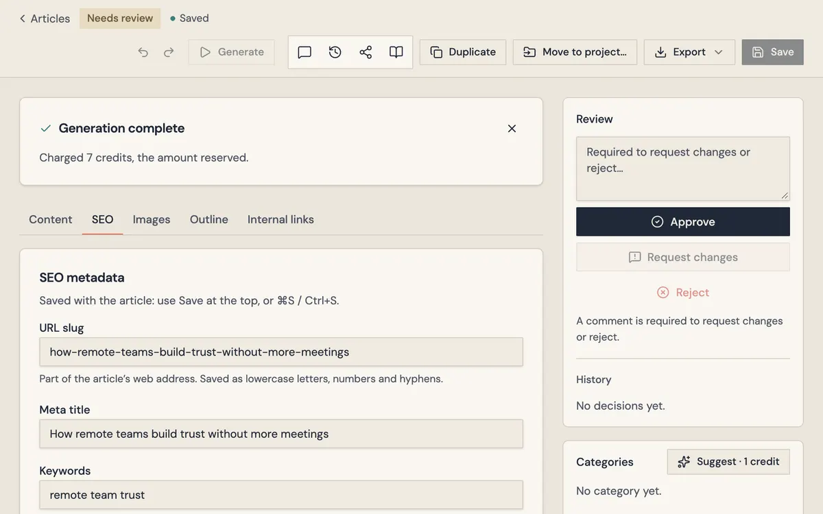 A PrismDraft article after a run, with the SEO tab open: URL slug, meta title and keywords, and the Review panel with the Approve button.